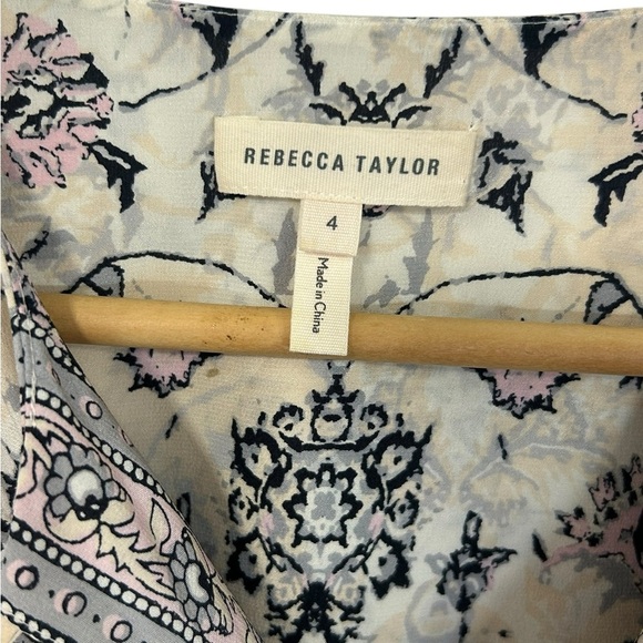 Rebecca Taylor Womens Silk V-neck Long Sleeve Printed Blouse Peasant Cream Sz 4 - Picture 4 of 11